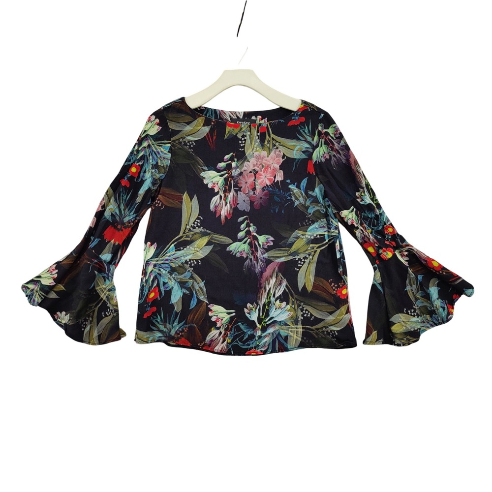 Karen Kane Women Boho Cottagecore Tropical Blouse M Black Floral Bell Sleeve Top